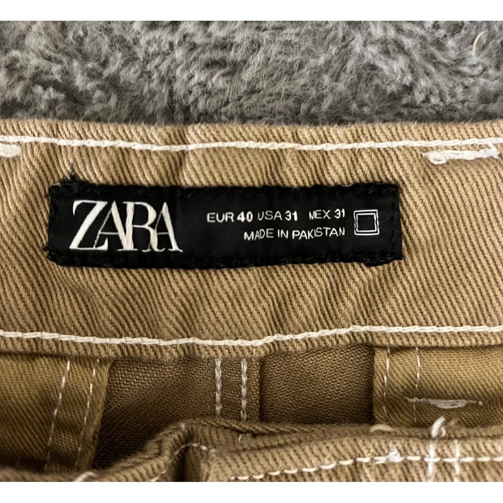 Zara Man Khaki Cargo Pants Tan Contrast Stitch Straight Leg Utility Size 31 - Picture 3 of 7